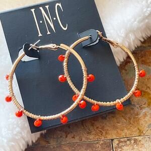 INC Beaded Hoop Earrings Gold Tone Orange New